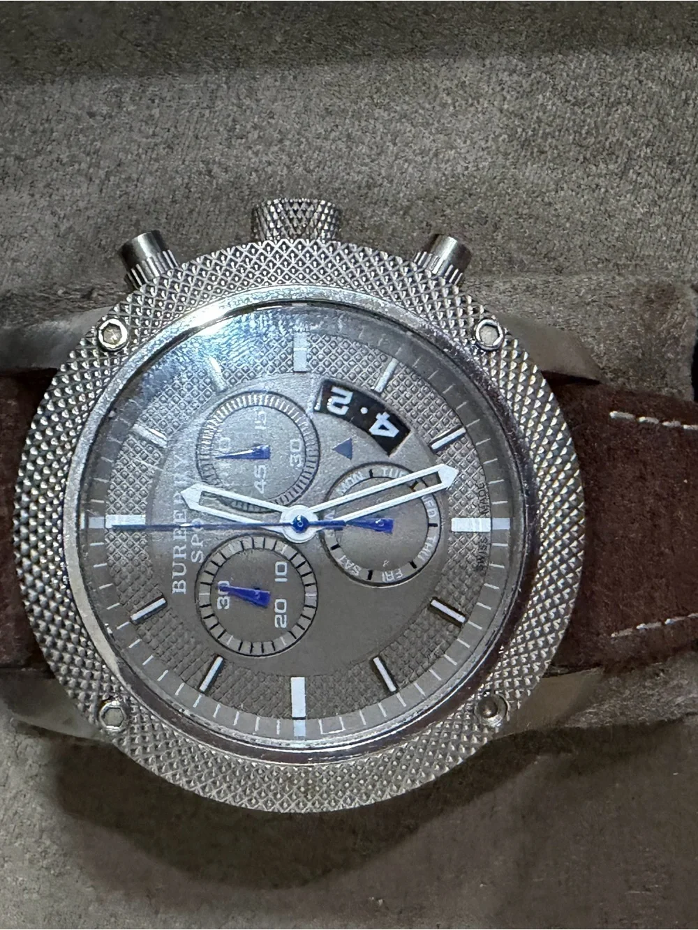 Burberry Silver Dial Men's Chronograph Watch AFT Brown suede Strap NEEDS BATTERY